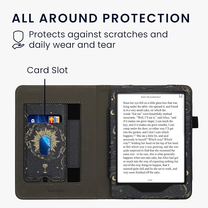 kwmobile Case Compatible with Amazon Kindle Paperwhite (2024)/Colorsoft - Case PU Leather Cover with Magnet Closure, Stand, Strap, Card Slot - Tarot Card Dark Blue/Yellow/Black