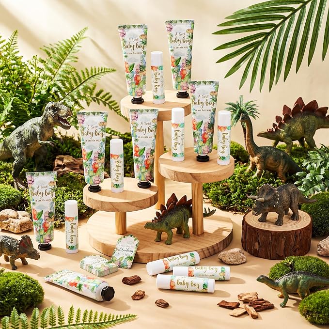 Lounsweer 24 Sets Dinosaur Baby Shower Favors for Guests Sweet Baby Boy Dino Party Favor Set with Hand Cream and Lip Balm Travel Size Lotion Gift with Thank You Cards