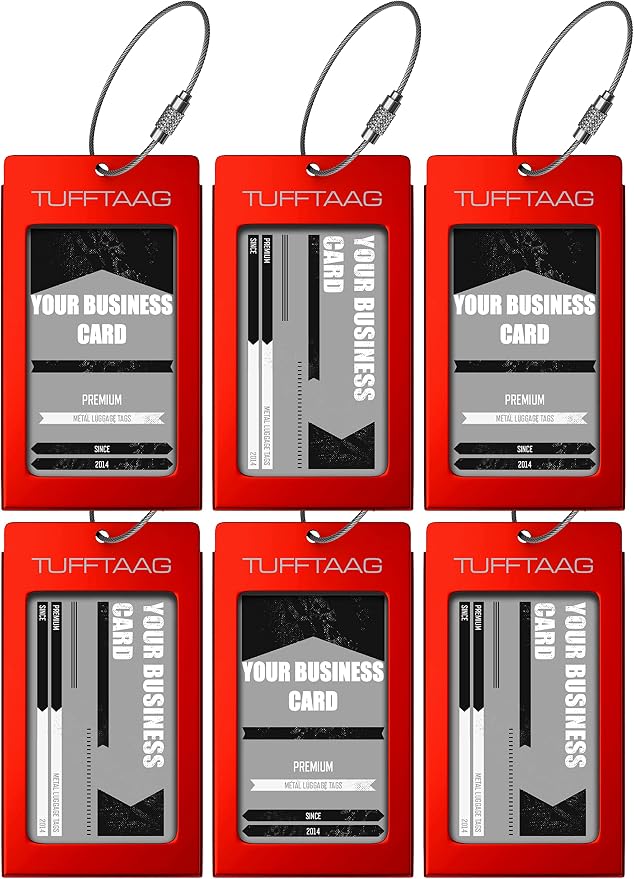 Luggage Tags Business Card Holder by TUFFTAAG - Durable Travel ID Bag Tag, Scarlet, 6 Tags