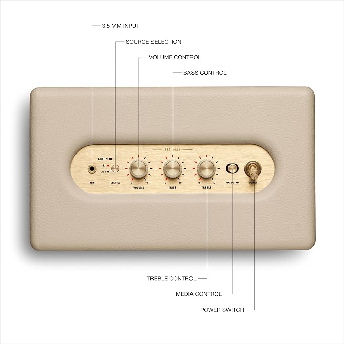 Marshall Acton III Bluetooth Home Speaker - Loud Stereo Sound with Bass and Treble Controls | Plug-in Powered | 3.5mm Aux Input - Cream