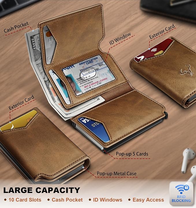 BULLIANT Men Wallet Leather Wallet Card Holders Money Clip for Men 10Cards-Magnetic Flip on Metal Case