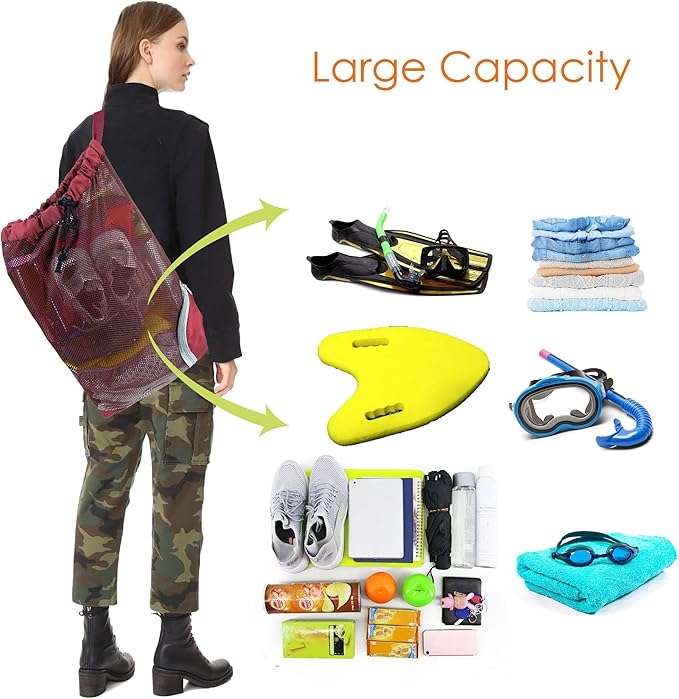 BeeGreen Mesh Drawstring Bag Swim Backpack for Beach Pool Sports Gym Draw String Cinch Bags for Swimming Soccer Basketball Gear Red