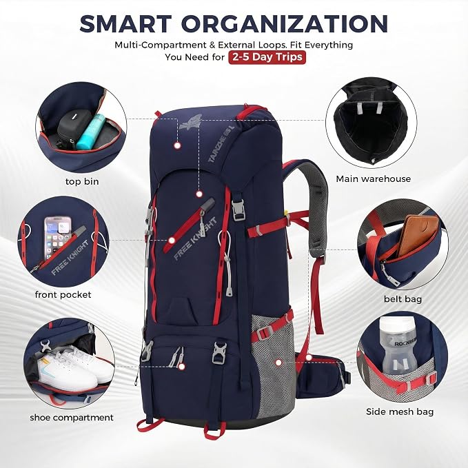 Bseash 65L Waterproof Hiking Camping Backpack with Rain Cover, Outdoor Sport Travel Daypack for Climbing Touring (Navy Blue)