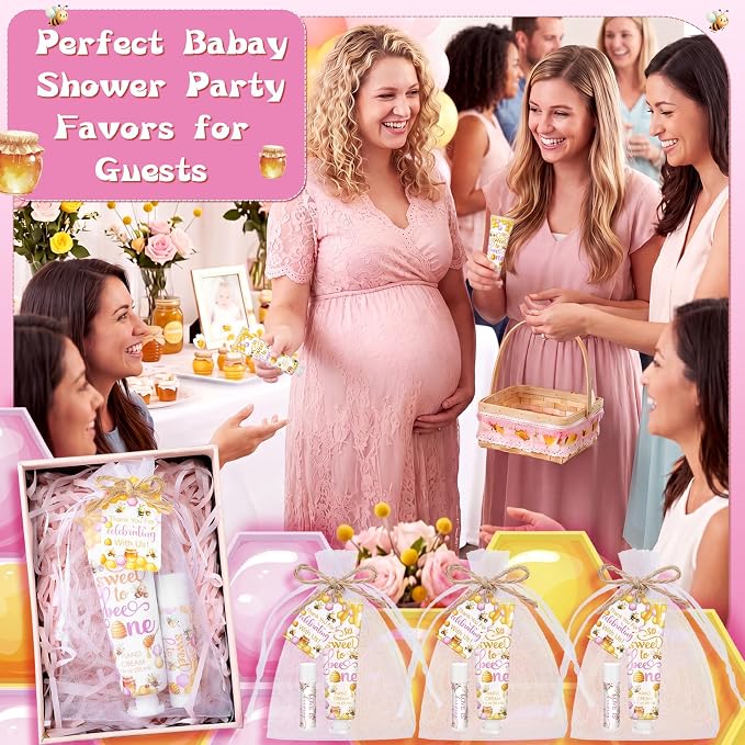 24 Sets/96 Pcs Pink Honey Hand Cream and Lip Balm Gift Baby Shower Favors for Guest Thank You for Bee Travel Size Hand Lotion and Lip Balm Bulk Baby Shower Birthday Party Supplies