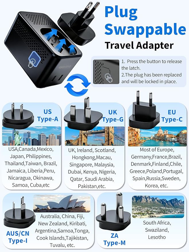 Travel Adapter Voltage Converter US to Europe Power Adapter Step Down Transformer 220V to 110V with 2 USB A 2 USB C & UK/AU/US/EU/﻿South Africa for Hair Dryer (Black)