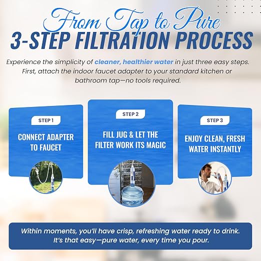 Water Filtration Kit with Indoor Faucet Adapter – Filter & Fill 5-Gallon Jugs from Any Standard Indoor Faucets with Removable Aerators | Reduces Chlorine, Lead, Cysts & VOCs
