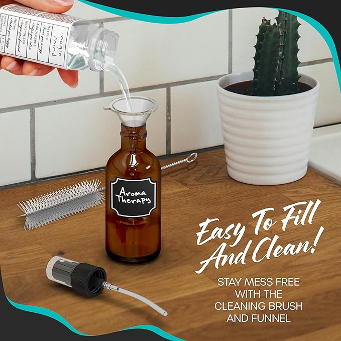 Nevlers Small Spray Bottle 2 Oz 48 Pack Small Glass Bottles | Amber Glass Spray Bottles for Cleaning & Perfume Alcohol | Mist Bottle Set w/ Shrink Wrap, Funnel, Brush, Labels & Marker