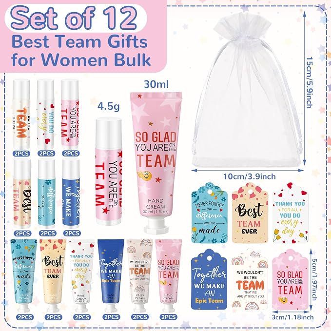 12sets/48pcs Best Team Ever Gifts Team Appreciation Thank You Gifts for Coworkers Women Employee Appreciation Gift Party Favors Basket Stuffers Items Travel Hand Lotion and Lip Balm Set