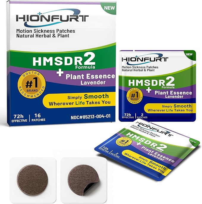 Hionfurt HMSDR2 16ct Motion Sickness Patches with Plant Essence – Lavender – Sea Sickness Patches for Cruise, Car, Airplane – Non-Drowsy, 72H Lasting
