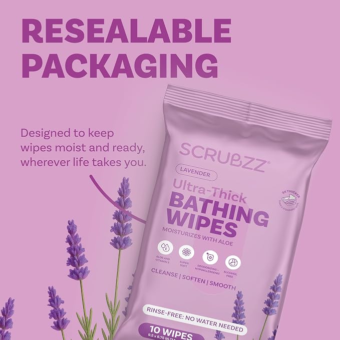 Extra Large Bath Wipes for Adults Bathing No Rinse - 120 Ultra Thick Disposable Body Cleansing Wipes for Men, Women & Elderly - Great for Gym, Camping, Post Surgery - Lavender