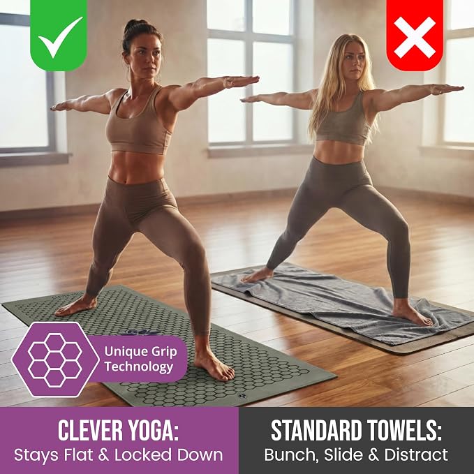 Clever Yoga Hot Yoga Mat Towel – Non-Slip Grip for Hot Yoga, Sweat Absorbent, Honeycomb Silicone Grip, Stays Flat – Ideal for Pilates, Travel, Washable & Lightweight - Olive