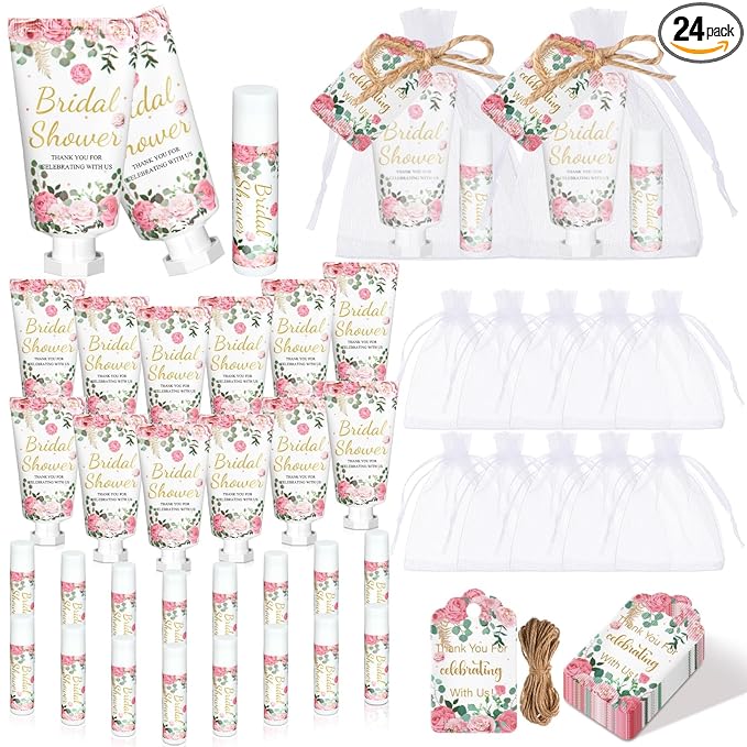 24 Sets Floral Bridal Shower Hand Cream and Lip Balm Gifts Bridal Shower Party Favors Thank You Gifts for Guests Travel Size Hand Lotion and Lip Balm Bulk with Organza Bags and Tags Wedding Supplies