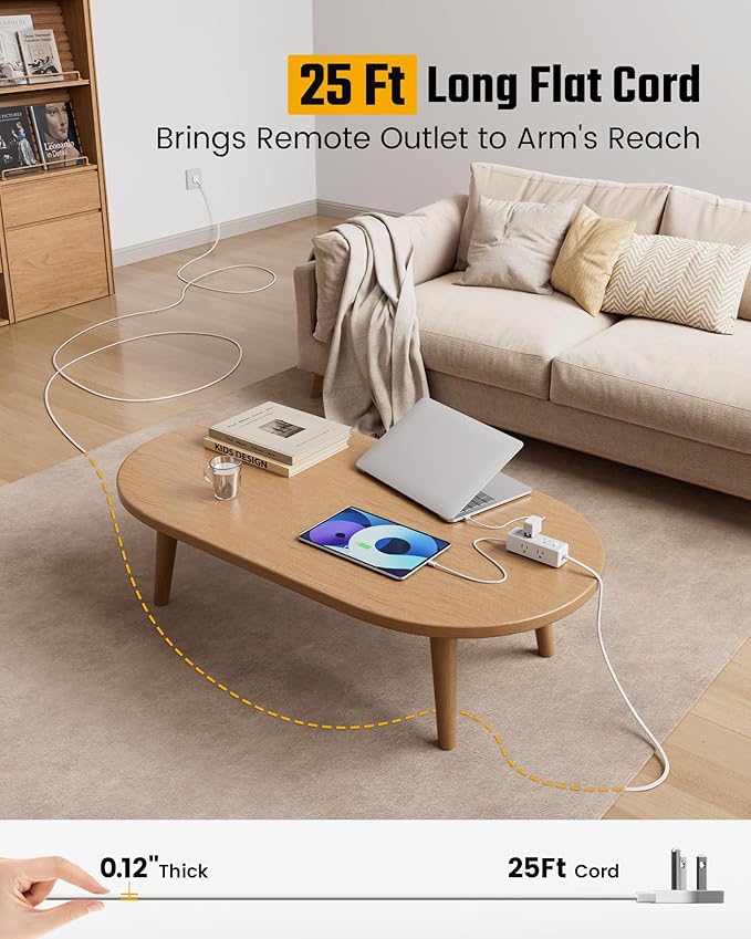 25 Ft Extension Cord with Multiple Outlets, Long Extension with 6 Outlets 4 USB Ports(2 USB C), Flat Plug Surge Protector Power Strip for Home, Office Supplies, Dorm Essentials