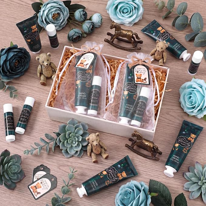 Lounsweer 24 Sets Green Blue Tartan Plaid Bear Baby Boy Gift Set Travel Size Hand Cream & Lip Balm, Baby Shower Party Favors, Tartan Theme Party Supplies for Guests