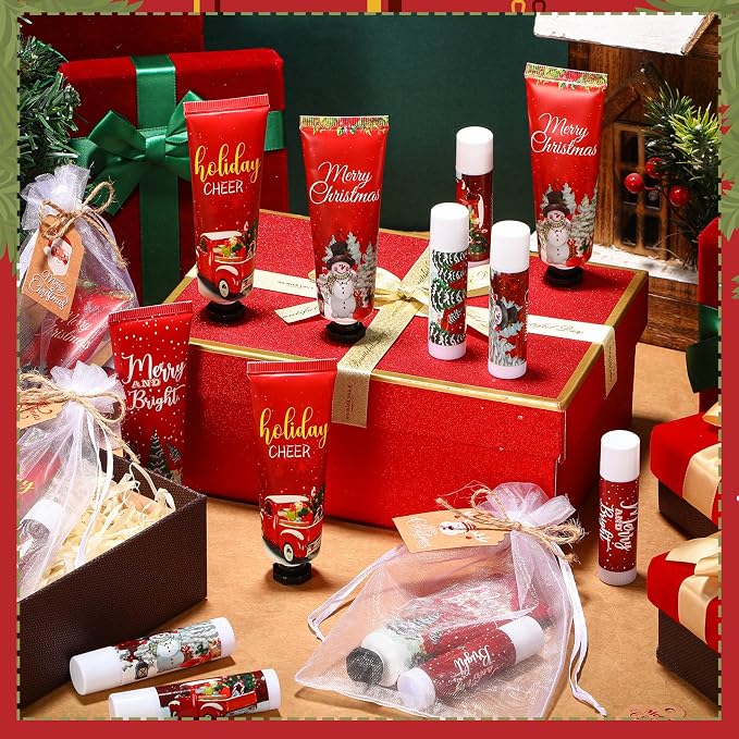 50 Sets 200 Pcs Christmas Hand Lotion and Lip Balm Sets Christmas Stocking Stuffers Holiday Treat Gifts Goodie Xmas Party Supplies for Women Men Lip Care with Organza Bags Tags (Vintage Style)