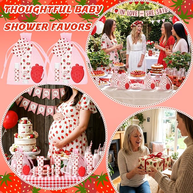 Loopeer 30 Set/150 Pcs Strawberry with Bow Baby Shower Favors for Guests Gifts Hand Cream Lip Balm Soap Party Favors Travel Size with Bags, Thanks You Card for Games Prizes Souvenirs