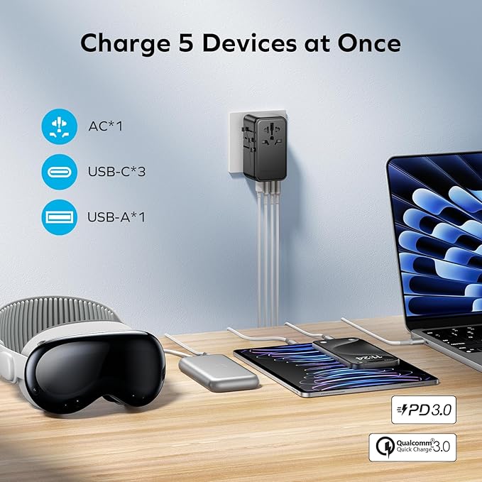 MOMAX 5-in-1 Universal Travel Adapter, GaN 140W International Power Adapter, 3 USB-C PD Fast Charging & 1 USB-A QC, 1 AC, All-in-one International Plug Adapter for Travel European UK AUS JP