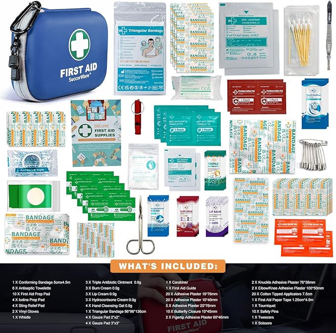 SuccorWare 150 Pieces Mini First Aid Kit - Small Medical Kit with Hard Shell - Emergency First Aid Kit for Car, Travel, Home, Outdoor, Office, Camping, Hiking (Blue)