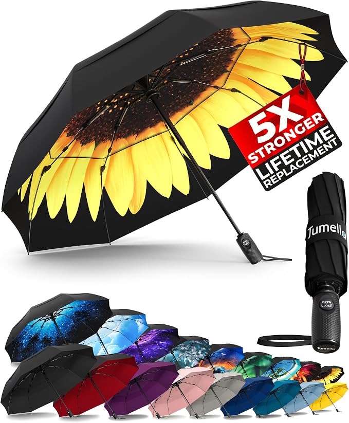 TUMELLA Strongest Windproof Travel Umbrella (Compact, 100MPH Wind-Tested), Light, Portable, One-Handed Use, Automatic Folding Rain Umbrella, Durable, Premium Grip, Fits Car & Backpack