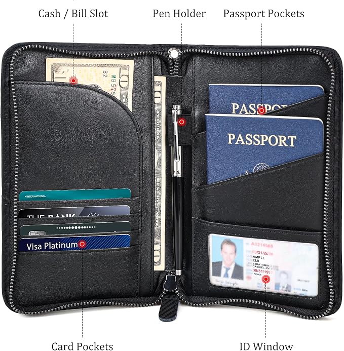 Polare Full Grain Leather Passport Holder With YKK Zipper RFID Blocking Travel Document Organizer Ticket Holder Cover Case Holds 2 Passports (Carbon Black)