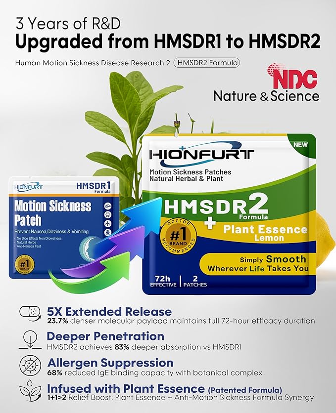 Hionfurt HMSDR2 64ct Motion Sickness Patches with Plant Essence – Lemon – Sea Sickness Patches for Cruise, Car, Airplane – Non-Drowsy, 72H Lasting