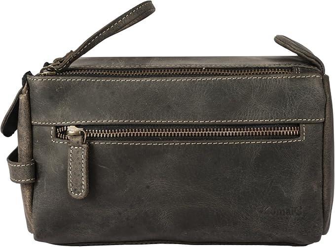 KomalC Premium Buffalo Leather Toiletry Bag for Men & Women With Water resistant Lining, Grooming Travel Pouch, Unisex Wash Bag for Toiletries, Gifts for Men and Women