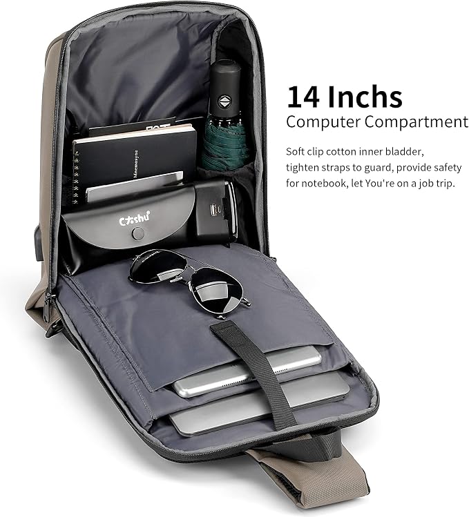Kingsons 13" Anti-Theft Laptop Sling Backpack. Waterproof nylon, USB port. Ideal for travel, hiking, camping. (FG6301-Khaki)