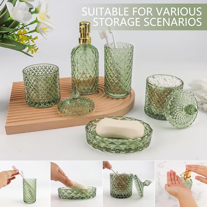 5Pcs Glass Bathroom Accessories Set,Green Vintage Bathroom Accessory Set, Bathroom Counter Sink Toothbrush Holder Set Includes 13.5oz Hand/Lotion Soap Dispenser & Tumbler & Soap Dish & Qtip Holders