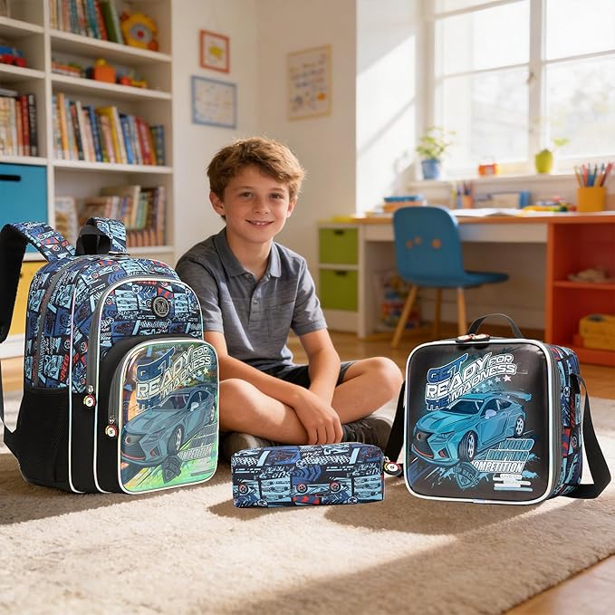 School Backpack for Boys Kids Backpack for Boys Primary School Daypack Schoolbag with Lunch Bag Pencil Case Lightweight Travel Bookbag for Kids Birthday Christmas Gift