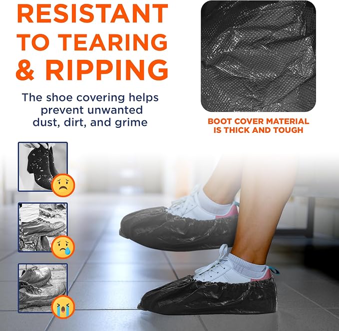 EZGOODZ Black Indoor Shoe Covers Disposable Non Slip, 16 x 6 Inch. 100 Pack Shoe Booties Disposable. 2 Mil CPE Disposable Booties for Shoes Covers. Waterproof Surgical Boot Covers for Outdoor