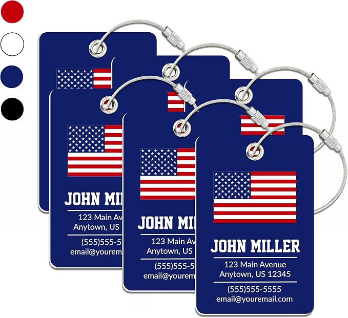 Personalized Luggage Tag with American Flag | 6 Pack | Custom Luggage Tags for Suitcases | Kids Backpack Tag | 4 Color Options & Choose Font, Font Color