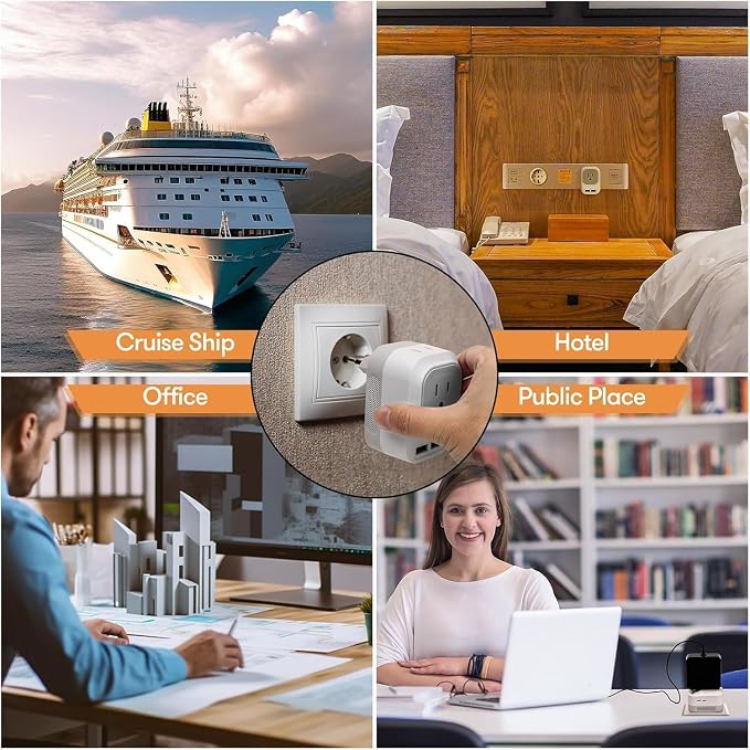Voltage Converter US to Europe with 2 USB A & 2 USB C Ports Fast Charging, 220V to 110V Power Converter for European Travel International Universal Travel Adapter for Italy Spain Germany France