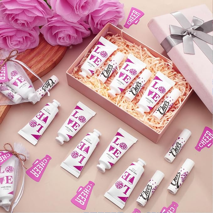 144 Pcs Cheerleading Lip Balms Hand Cream Sets Pink Cheerleading Party Supplies Including 36 Lip Balm and Moisturizing Hand Cream 36 Organza Bags Cards and Ropes for Team Thank You Gifts