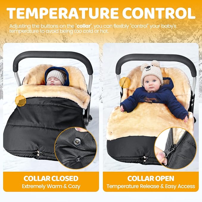 Orzbow Faux Sheepskin Winter Car Seat Cover for Babies, Waterproof Bunting Bag for Car Seats & Strollers, Warm and Cozy Carseat Footmuff to Protect Baby from Cold Wind, Machine Washable, Black