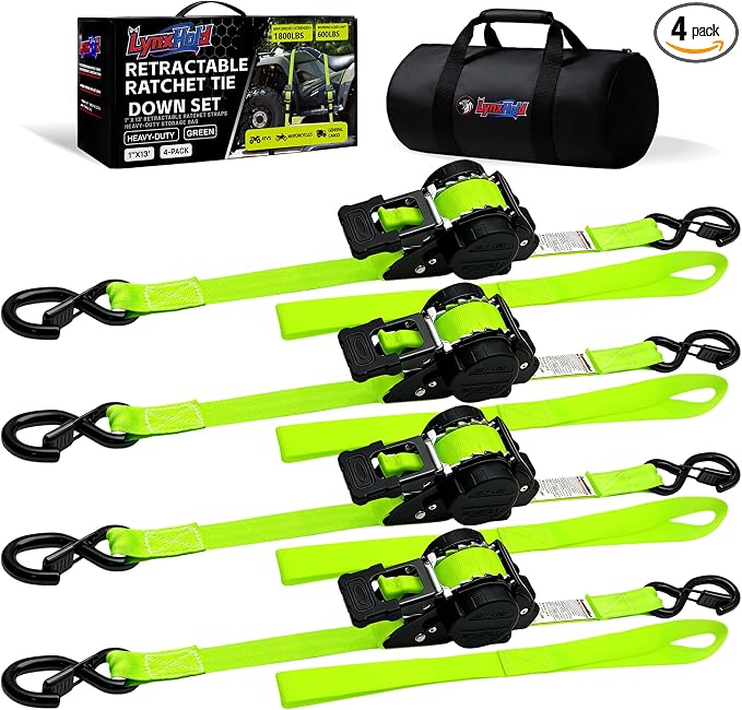 Retractable Ratchet Straps 1" x 13Ft, Heavy Duty Self Retracting Tie Down Straps, 1800lb Break Strength Auto Retract Cargo Straps for Truck, Trailer, Motorcycle, ATV, UTV, (Fluorescent Green, 4 Pack)
