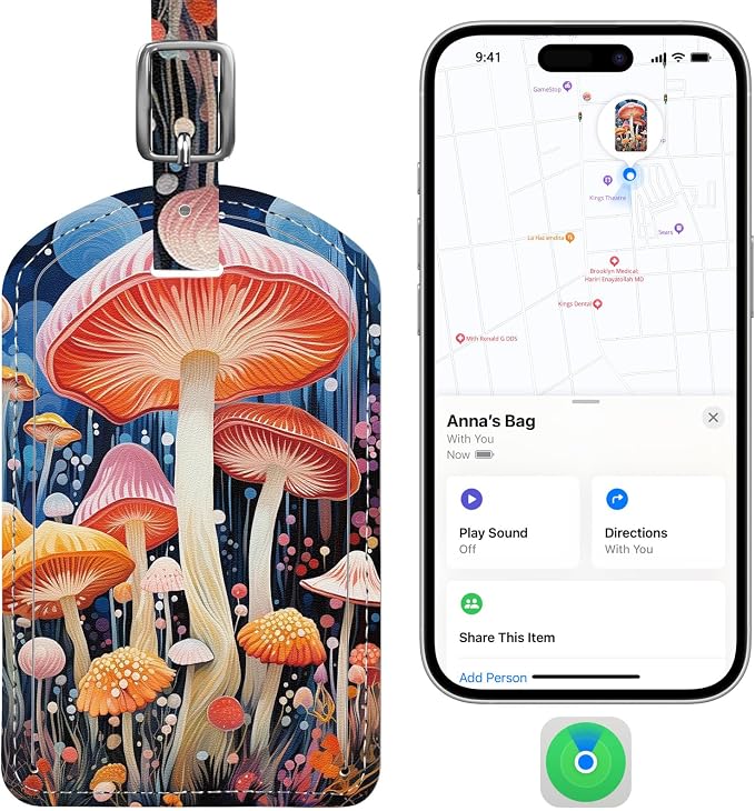 Luggage Tags Built-in Anti-Loss Tracker & Luxury Leather(Mushroom) | for Suitcase, Travel Bags, Backpacks, Travel Organizer for Lost Baggage Prevention