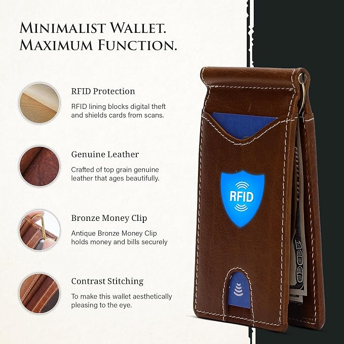 ROGUE WALLET Genuine Leather Minimalist Wallets - RFID Blocking with Money Clip - Interior & Exterior Card Pockets & More - Gift for Men (Brown)