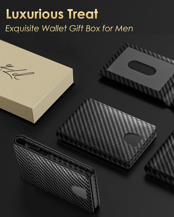 2026 Upgraded Minimalist Wallet for Men - RFID Blocking Credit Card Holder Case Leather Pop Up Aluminum Wallet with Cash Slot, Front Pocket ID Window Gift Boxed (Carbon Fiber - with Airtag Holder)