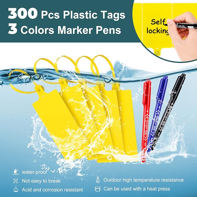 300 Pcs Plastic Tags Seals Shipping Label 255 mm Total Length Waterproof Plastic Hanging Tags and 3 Color Marker Pens for Logistics Shipping Luggage Labeling Fastener (Yellow)