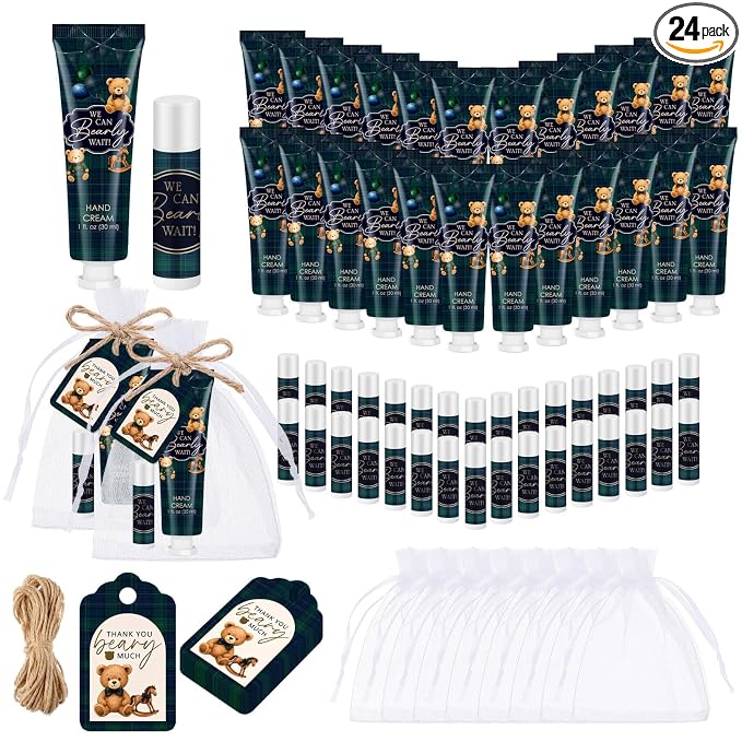 Lounsweer 24 Sets Green Blue Tartan Plaid Bear Baby Boy Gift Set Travel Size Hand Cream & Lip Balm, Baby Shower Party Favors, Tartan Theme Party Supplies for Guests