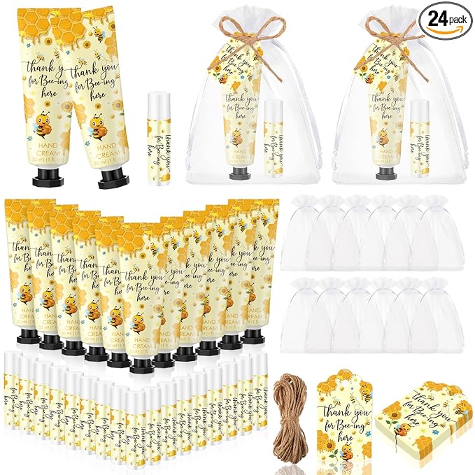 24 Sets Honey Hand Cream and Lip Balm Gift Bee Themed Baby Shower Party Favor for Guest Thank You for Bee-ing Travel Size Hand Lotion and Lip Balm Bulk Honey Baby Shower Birthday Party Supplies