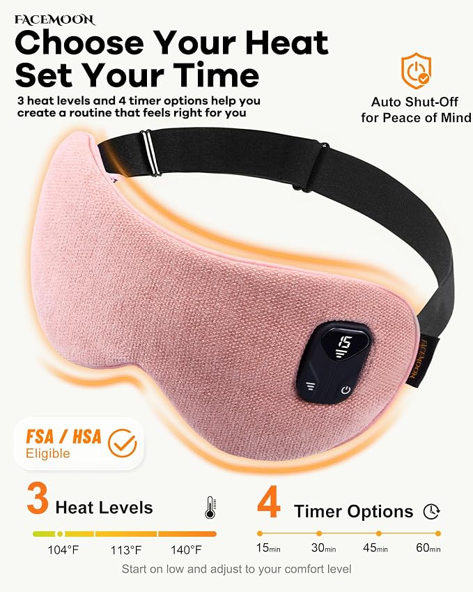 Cordless Heated Eye Mask for Dry, Tired Eyes, Hot Compress with Flaxseed Nose Bridge for Better Blackout & Focused Warmth, Rechargeable Warm 3 Heat Levels, 4 Timers, No Microwave Needed, Pink