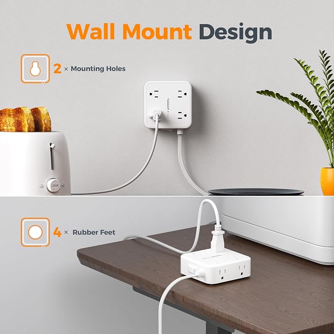 TESSAN Surge Protector Power Strip, 15 Ft Flat Plug Extension Cord with 3 USB (1 USB C 20W PD) 8 Outlets, 1250W, 900J Protection, 3 Sided Outlet Extender with Power Switch for Office, Dorm Room, White