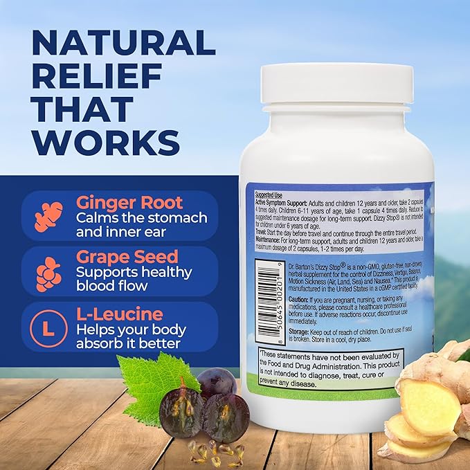 Dizzy Stop Dr. Barton's Vertigo Relief Products with Ginger and Grape Seed - Non-Drowsy Motion Sickness Pills for Dizziness Relief and Inner Ear Balance - 80 Count