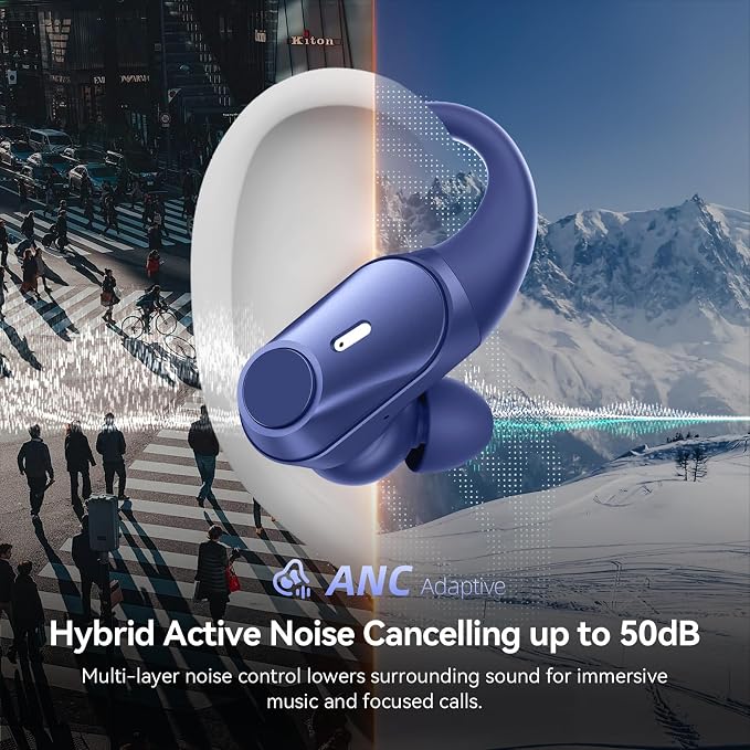 Active Noise Cancelling Ear Buds Wireless Earbuds 80H Playtime Bluetooth Headphones with LED Display Case, Hi-Res Audio Clear Calls Earphones with Over Ear Hooks for Running Gym Workout Travel Blue