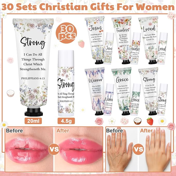 Loopeer 30 Sets Bulk Christian Hand Cream and Lip Balm Set for Women Religious Travel Size Moisturizing Lip Care Mini Religious Gifts for Women Coworker Appreciation Gift