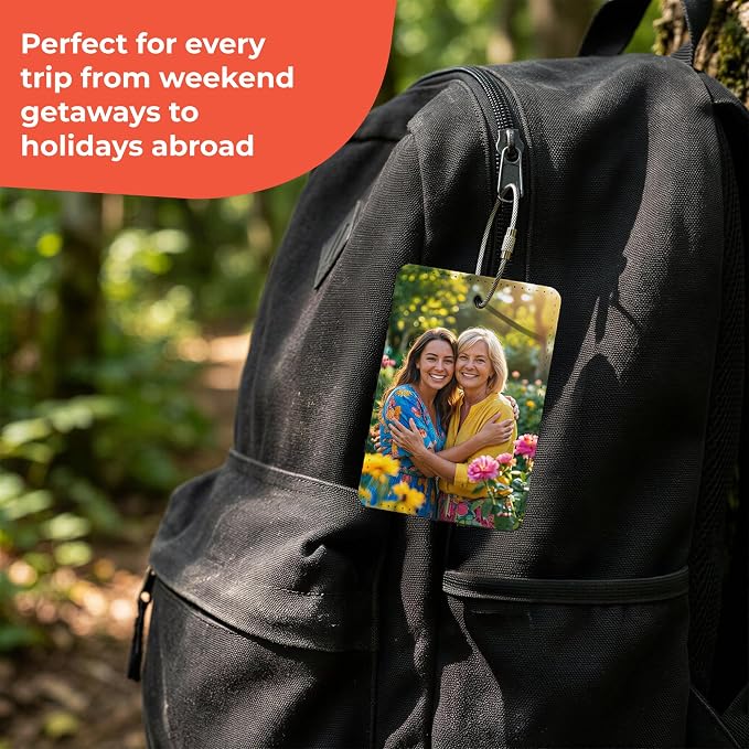 Personalized Suitcase Tags, Custom Luggage Tag with Photo or Name, Address Card Included, Polyester 2.75 x 4.13 in, for Family Vacations, Airport Travel, Carry-on Luggage and Weekend Getaways
