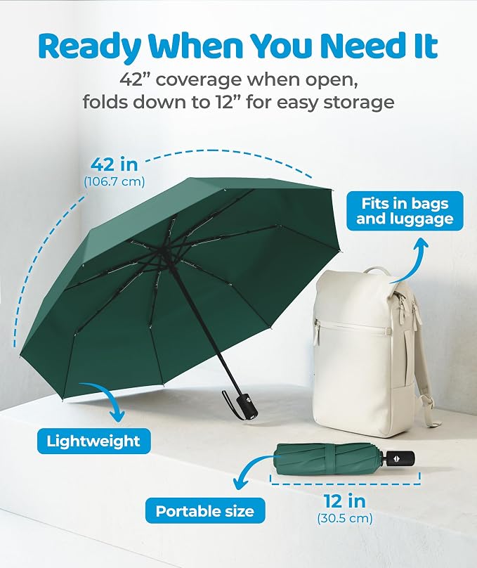 Rain-Mate Windproof Compact Umbrellas for Rain - Strong Reinforced Fiberglass Rib Design & Auto Open & Close - Portable Folding Travel Umbrella - Lightweight & Packable for Women & Men, Easy Collapse