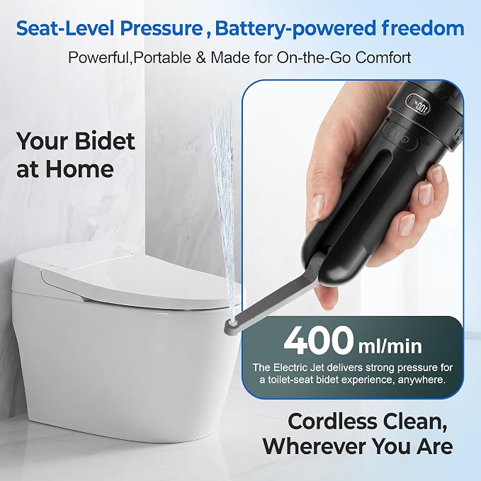 Electric Portable Bidet for Travel, Rechargeable for Women Postpartum, Period & Hygiene | 3 Pressure Modes, 260 Uses/Charge, IPX7 Waterproof, Foldable & Compact, Standard Bottle Fit, USB-C Charging, Black