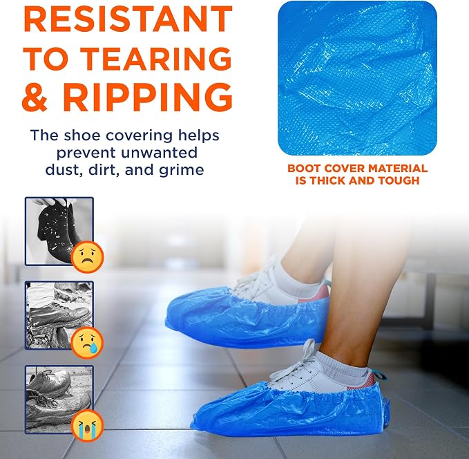 EZGOODZ Blue Disposable Shoe Covers for Indoors/Outdoors, 16 x 6 Inch. Pack of 100 (50 Pairs) Waterproof Disposable Boot Covers. Thick CPE Booties to Cover Shoes with Elastic Ankle Band
